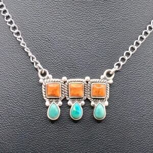Southwestern Navajo Style Turquoise Spiny Oyster Necklace Sterling Silver